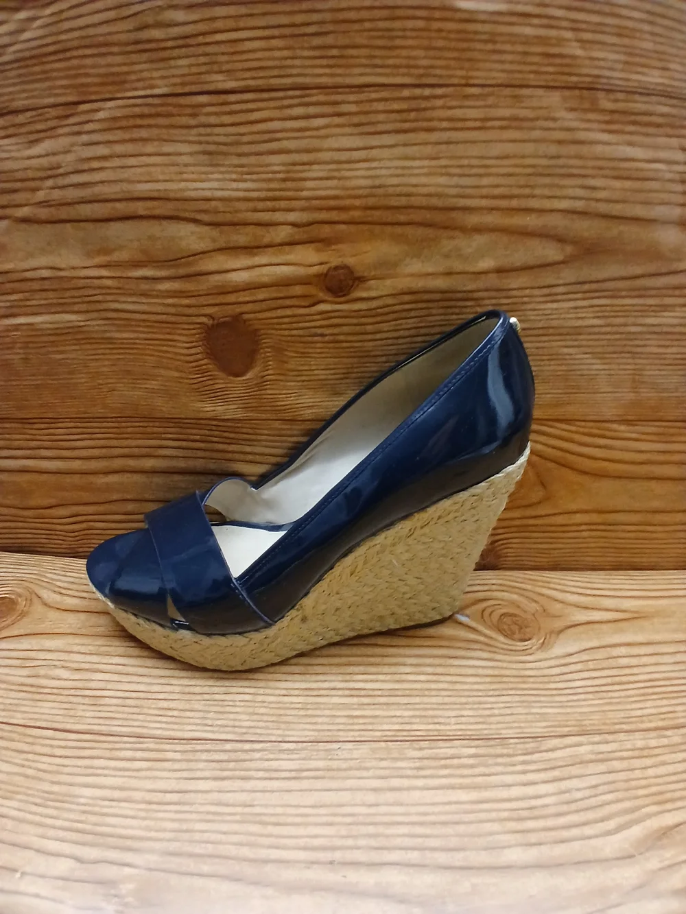 Michael Kors Navy Patent Wedge Peep-Toe Espadrille